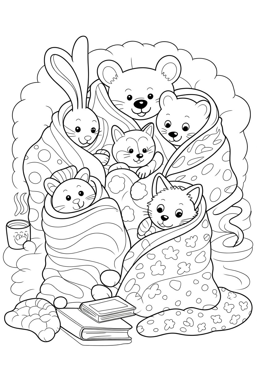 Cozy Friends Coloring Pages A Perfect List of 15 Relaxing Designs 9 A group of animal friends wrapped in blankets sitting together on cushions, looking cozy and happy.